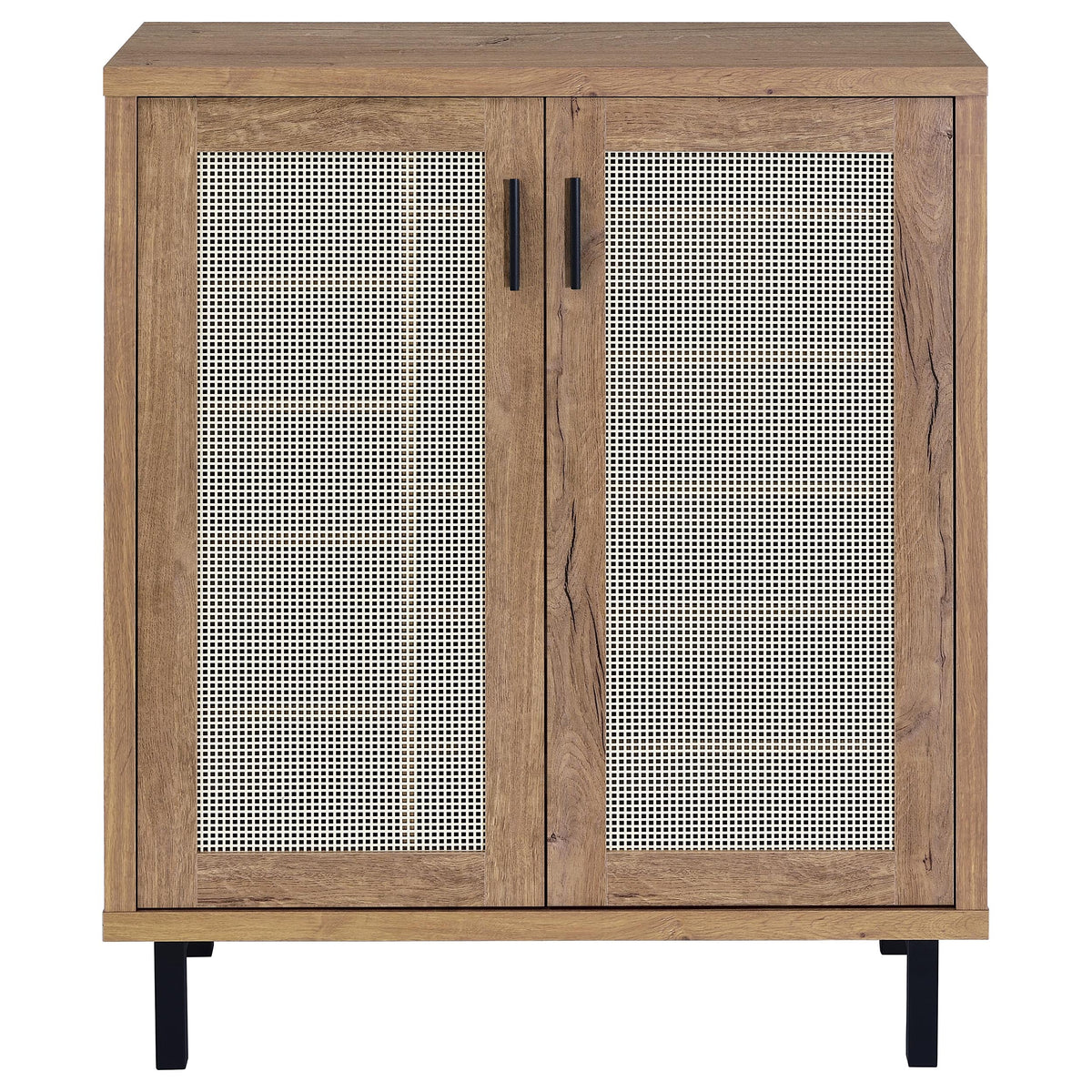 Teller 2-Door Shoe Cabinet with Metal Cane Panels - Natural Oak on Black Metal Legs – view 4