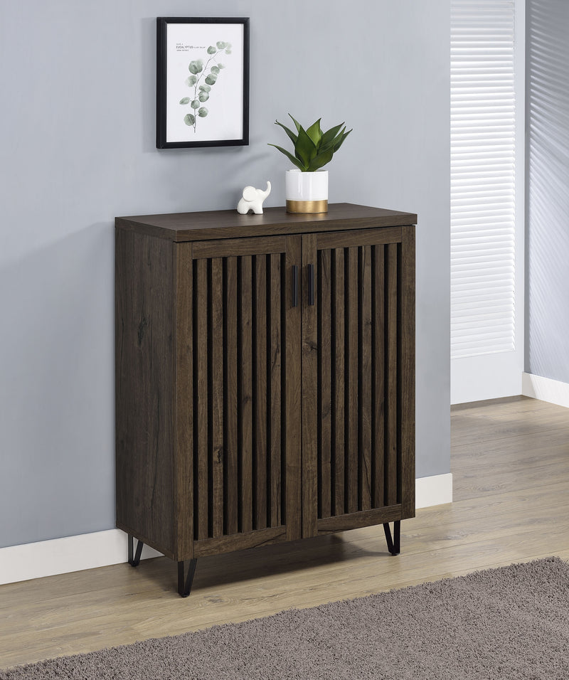 Brixton 2-Door Entryway Shoe Cabinet - Mid-Century Slatted Doors in Smoked Oak with Metal Legs