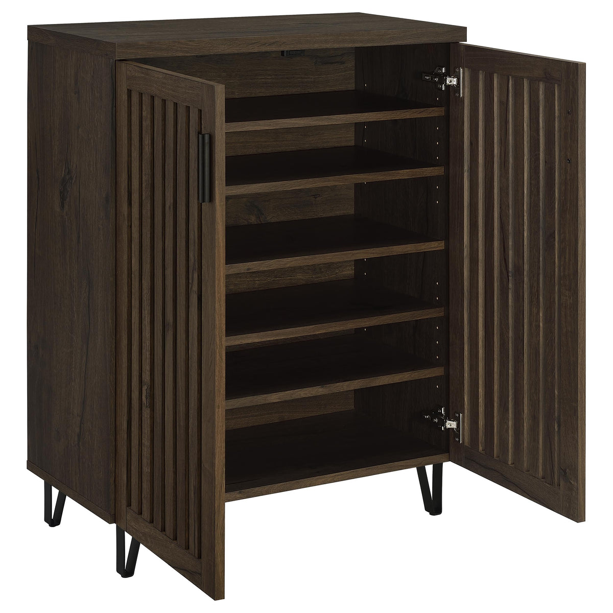 Brixton 2-Door Entryway Shoe Cabinet - Mid-Century Slatted Doors in Smoked Oak with Metal Legs – view 3