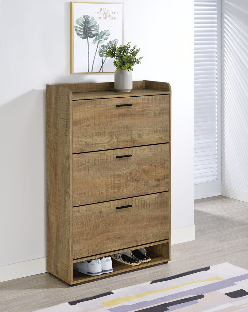 Denia 3-Tier Tilt-Out Shoe Cabinet - Rustic Mango Finish with Black Pulls & Open Lower Shelf