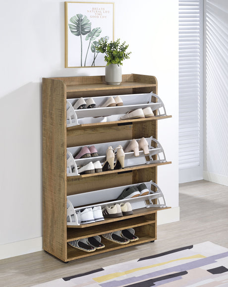 Denia 3-Tier Tilt-Out Shoe Cabinet - Rustic Mango Finish with Black Pulls & Open Lower Shelf – view 3