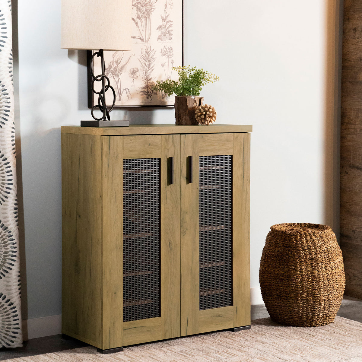 Bristol Shoe Cabinet with Mesh-Panel Doors - Entryway Storage in Golden Oak – view 1