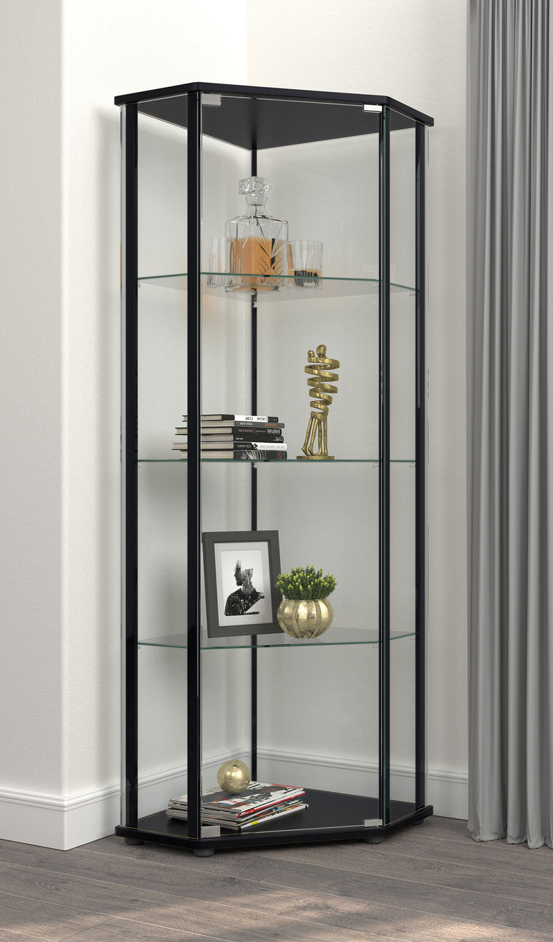 Zenobia 4-Shelf Corner Curio Cabinet - Glass Shelves & Door with Chrome Accents in Black