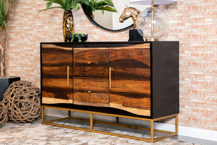Zara 57" Handcrafted Accent Cabinet - Black Walnut Acacia & Sheesham with Gold Geometric Base