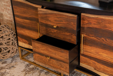 Zara 57" Handcrafted Accent Cabinet - Black Walnut Acacia & Sheesham with Gold Geometric Base – view 8