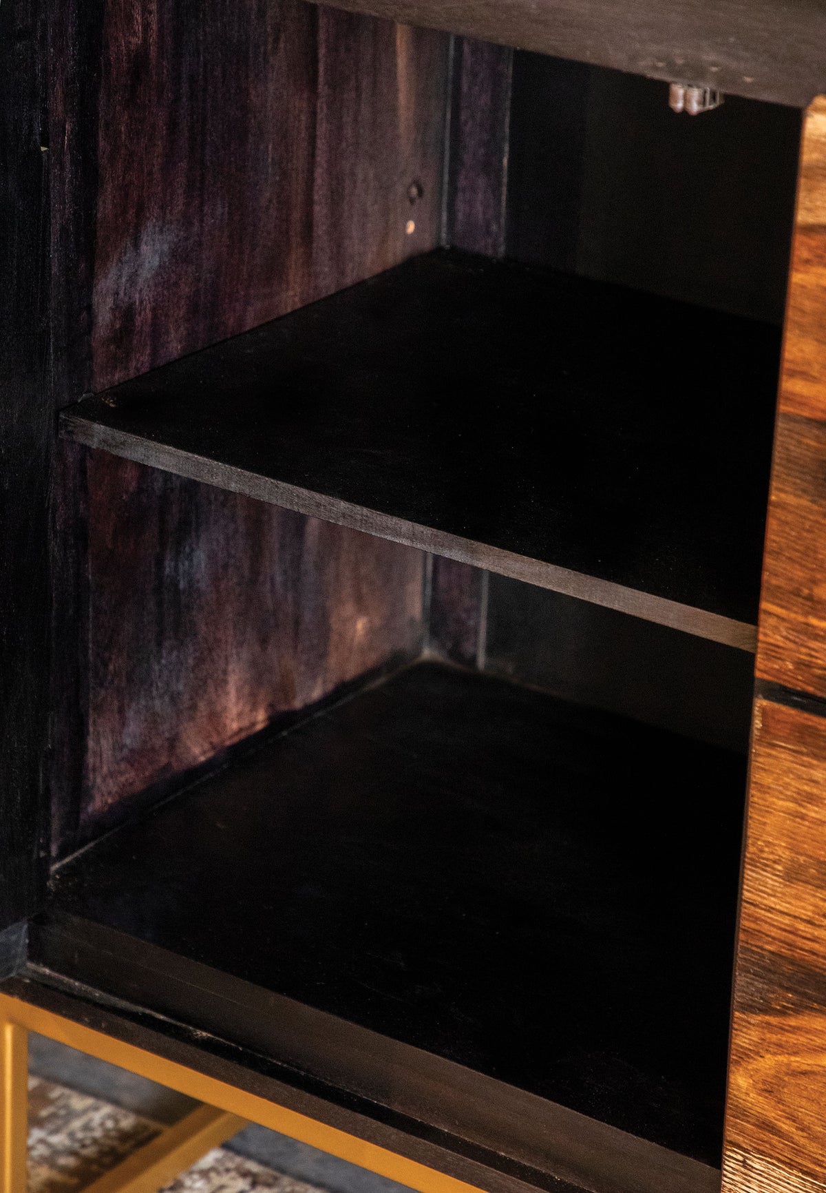 Zara 57" Handcrafted Accent Cabinet - Black Walnut Acacia & Sheesham with Gold Geometric Base – view 12