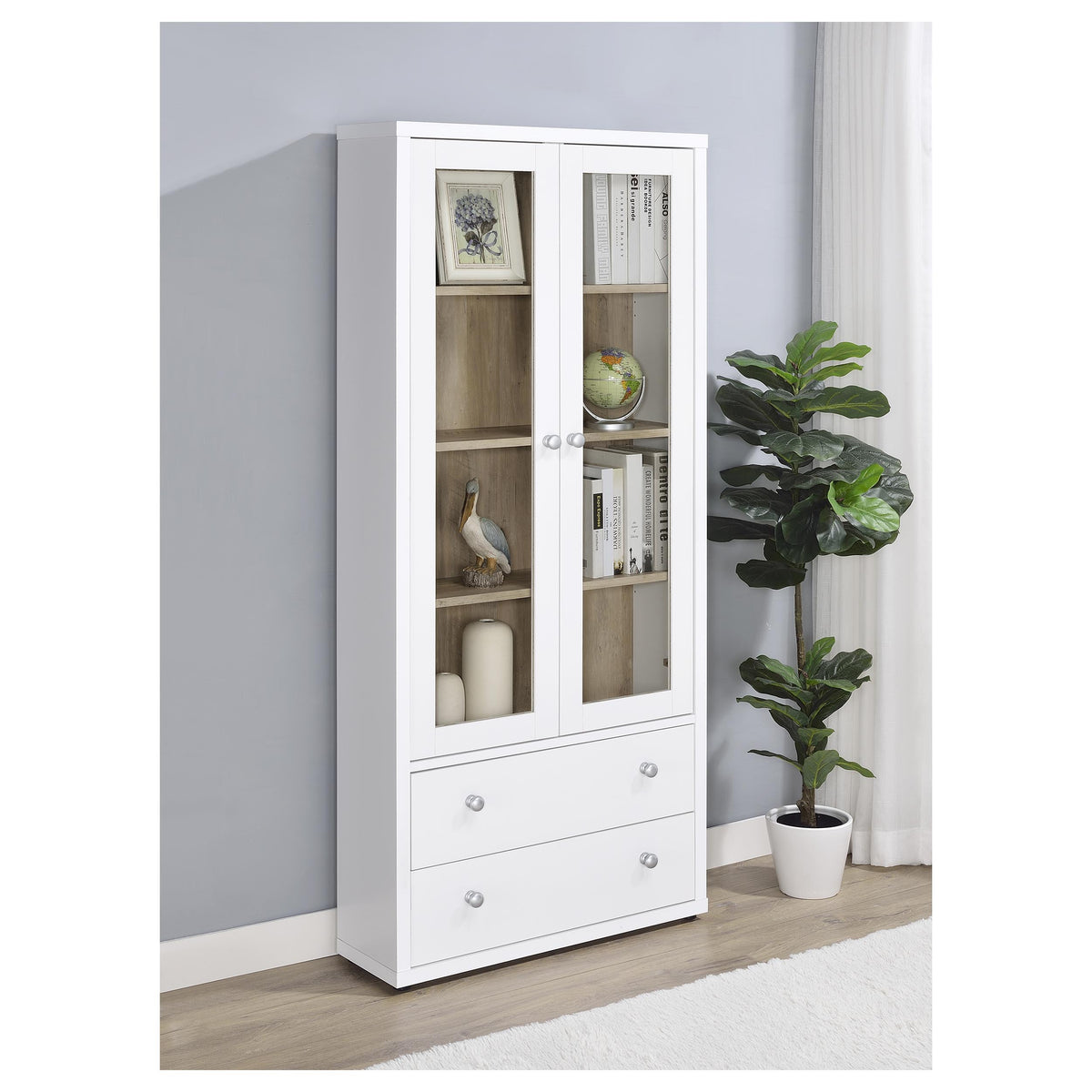 Hawthorne Tall Glass Door Display Cabinet with Drawers - 4 Shelves in White, Farmhouse Style – view 1