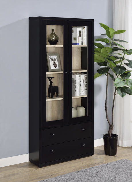 Hawthorne Glass Door Display Cabinet with 2 Drawers - Black Farmhouse Accent Cabinet with 4 Shelves – view 1