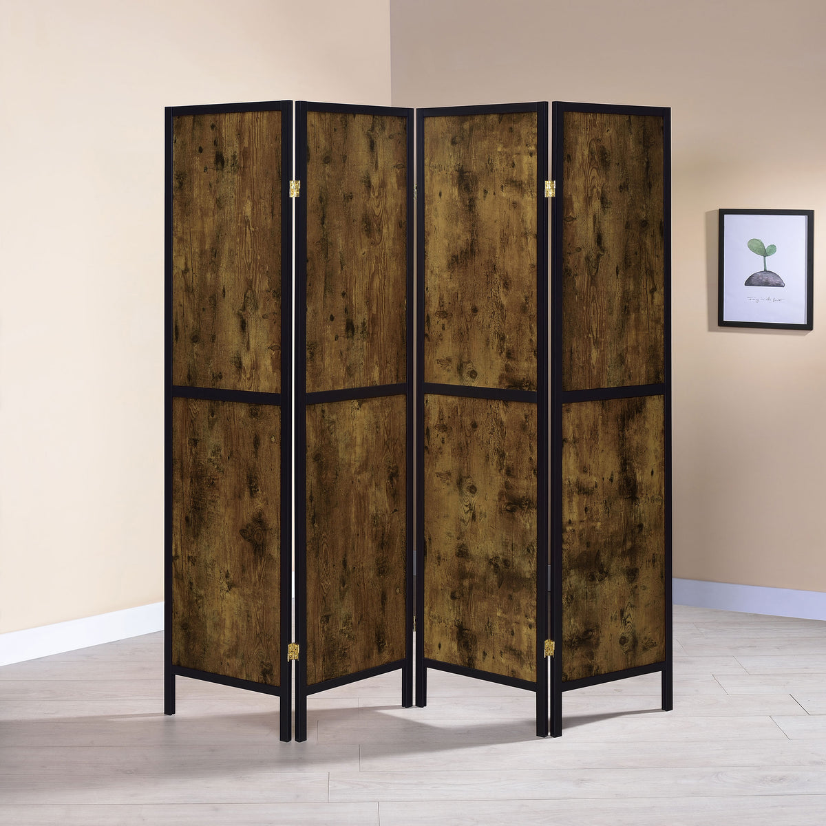 Deepika 4-Panel Folding Room Divider - Rustic Nutmeg Wood Panels with Black Frame – view 1