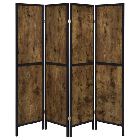 Deepika 4-Panel Folding Room Divider - Rustic Nutmeg Wood Panels with Black Frame – view 4