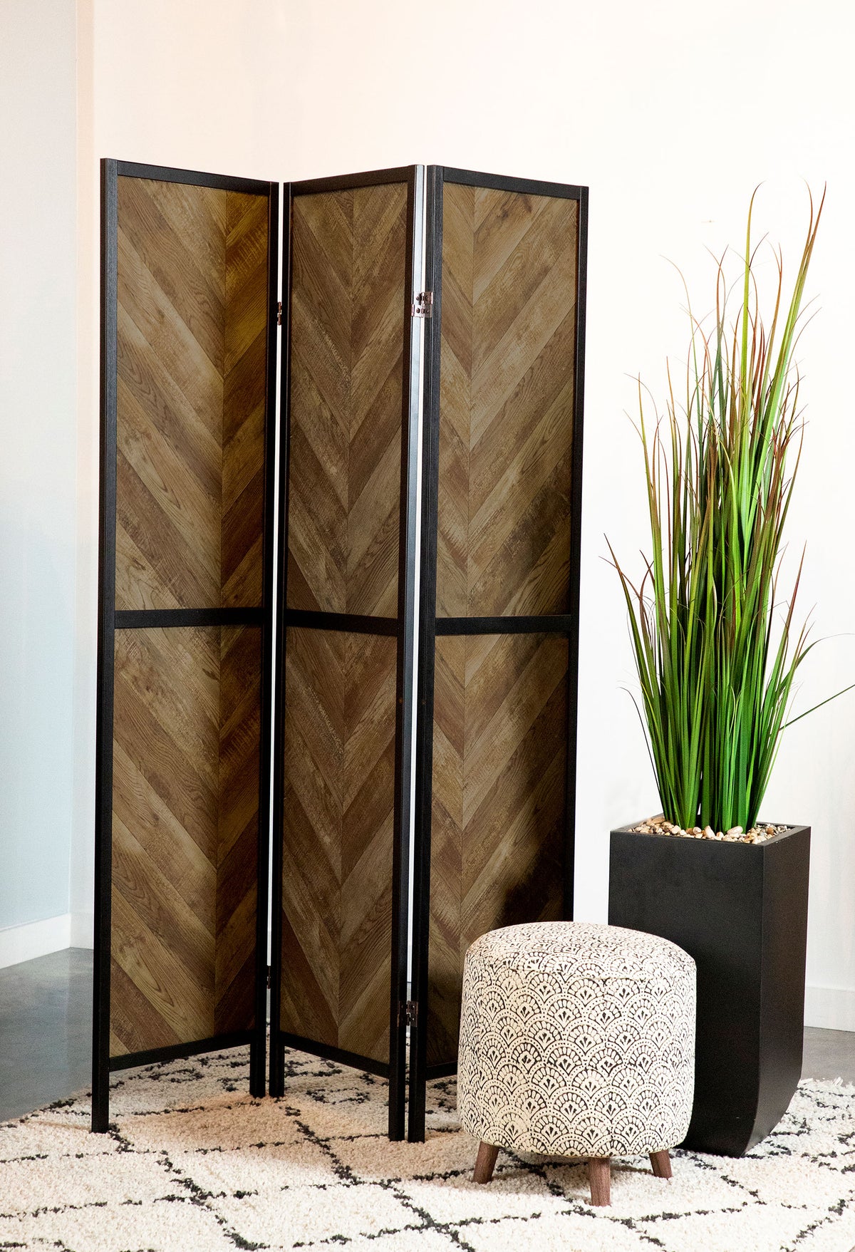 Marlene 3-Panel Room Divider - Herringbone Folding Screen in Rustic Tobacco & Black – view 1