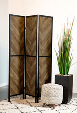 Marlene 3-Panel Room Divider - Herringbone Folding Screen in Rustic Tobacco & Black – view 1