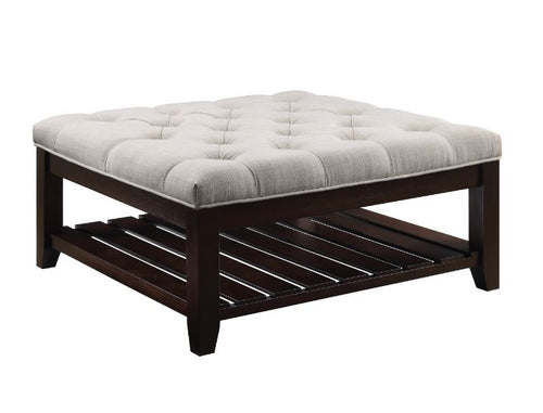 Aizen Button-Tufted Cocktail Ottoman - Slatted Shelf in Beige Fabric & Espresso