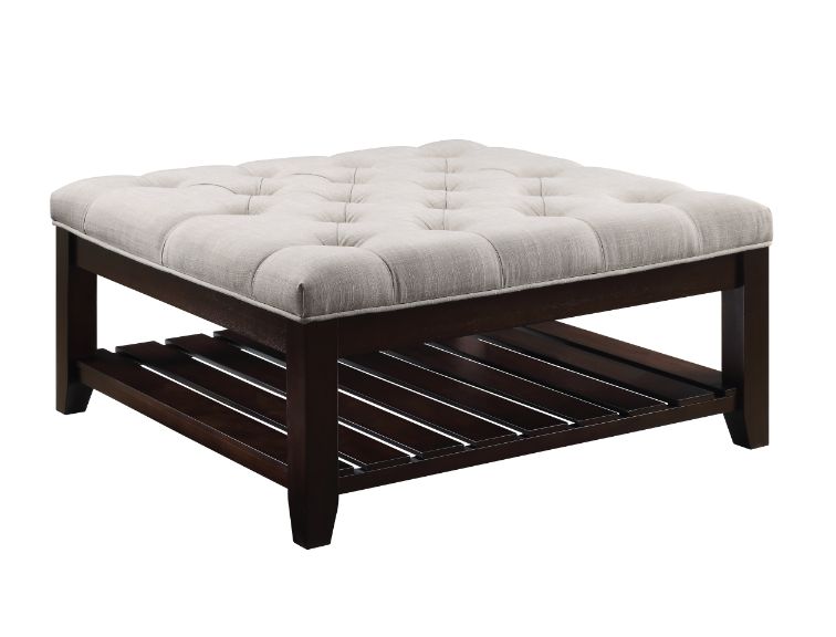 Aizen Button-Tufted Cocktail Ottoman - Slatted Shelf in Beige Fabric & Espresso