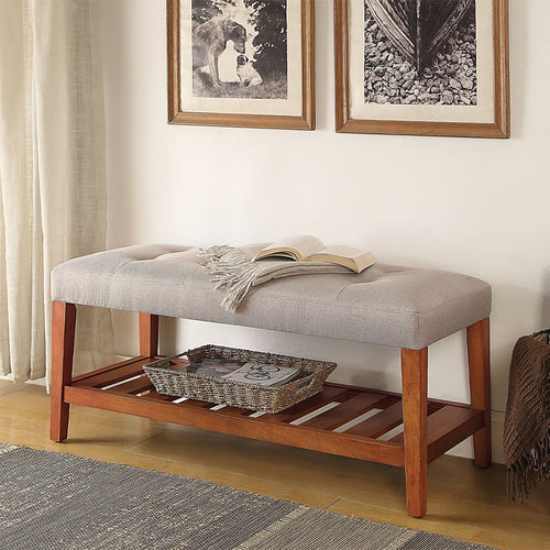 Charla Tufted Bench with Slatted Shelf - Craftsman-Inspired Tapered Legs in Light Gray, Beige, Blue or Gray & Oak