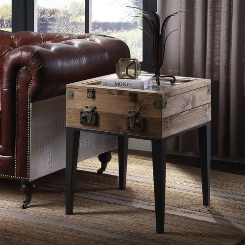Kolin Trunk-Style Accent Table - Glass-Top Display Storage & Tapered Metal Legs in Rustic Oak