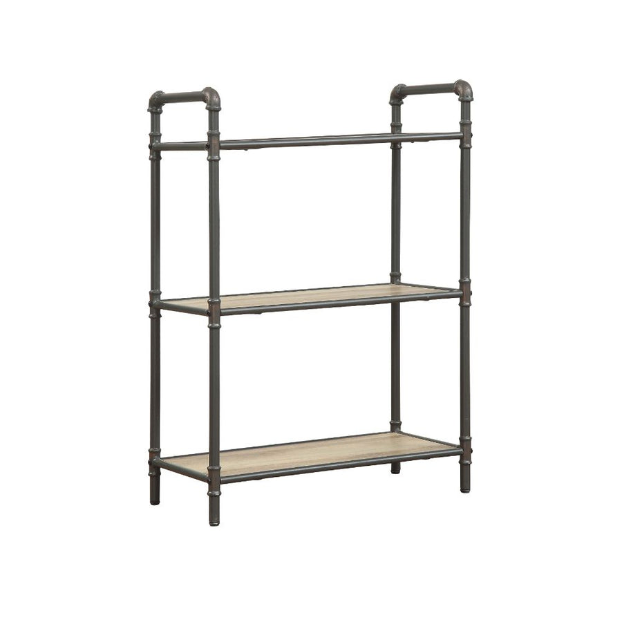 Itzel Industrial Bookshelf - Metal Pipe Frame & Open Wood Shelves in Antique Oak & Sandy Gray
