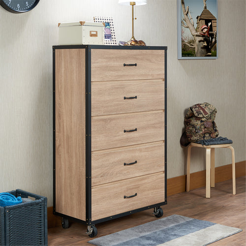 Bemis 5-Drawer Chest - Riveted Contrast Trim & Industrial Caster Wheels in Weathered Light Oak