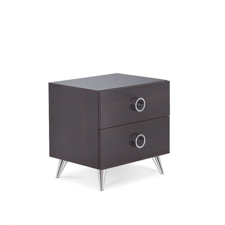 Elms 2-Drawer Night Table - Silver Tapered Legs & Ring Pulls in Espresso