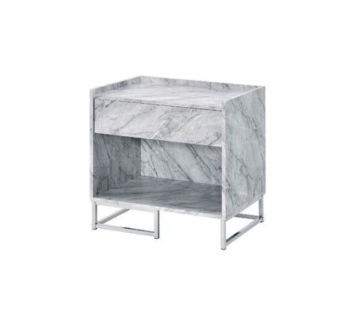 Azrael Accent Table - Faux Marble Top, Drawer & Chrome Sled Base in White