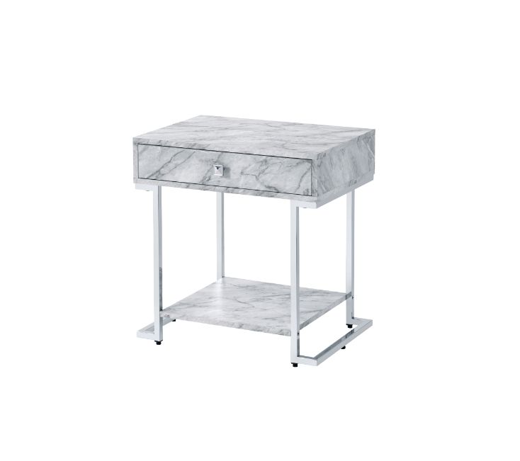 Wither Accent Table - Drawer & Open Shelf on Chrome Sled Base in White Faux Marble