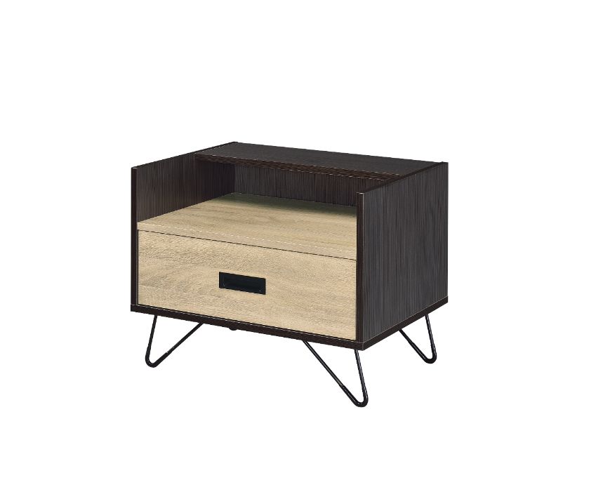 Melkree Accent Table - Drawer & Open Compartment on Black Metal Legs in Oak & Black
