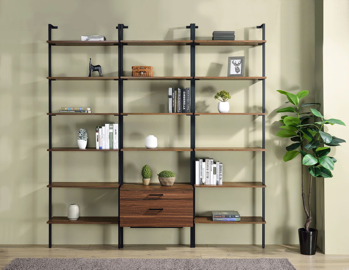 Owens 96" Tall 6-Shelf Wall Bookshelf - Walnut Shelves on Sandy Black Metal Frame – view 12