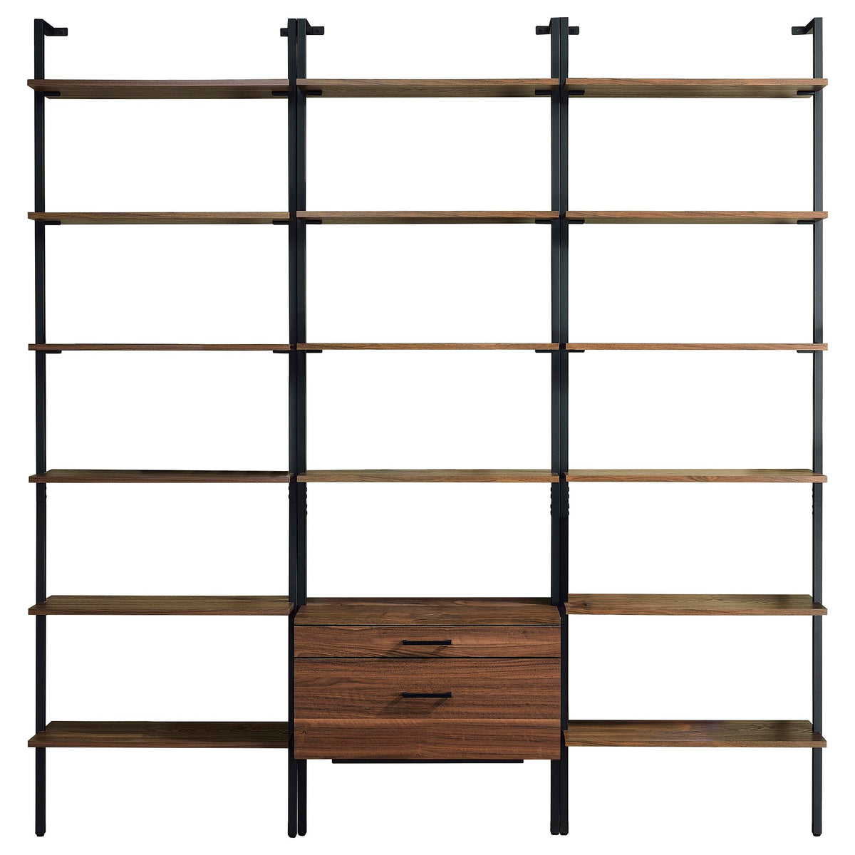 Owens 96" Tall Wall Shelf with Drawers & 3-Piece Bookshelf Wall - Walnut & Sandy Black Metal – view 16