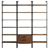 Owens 96" Tall Wall Shelf with Drawers & 3-Piece Bookshelf Wall - Walnut & Sandy Black Metal – view 16