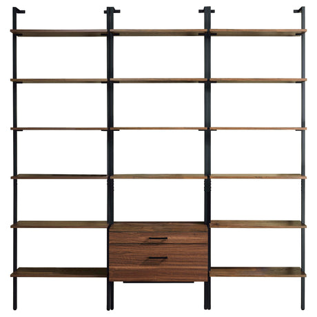 Owens 96" Tall Wall Shelf with Drawers & 3-Piece Bookshelf Wall - Walnut & Sandy Black Metal – view 16