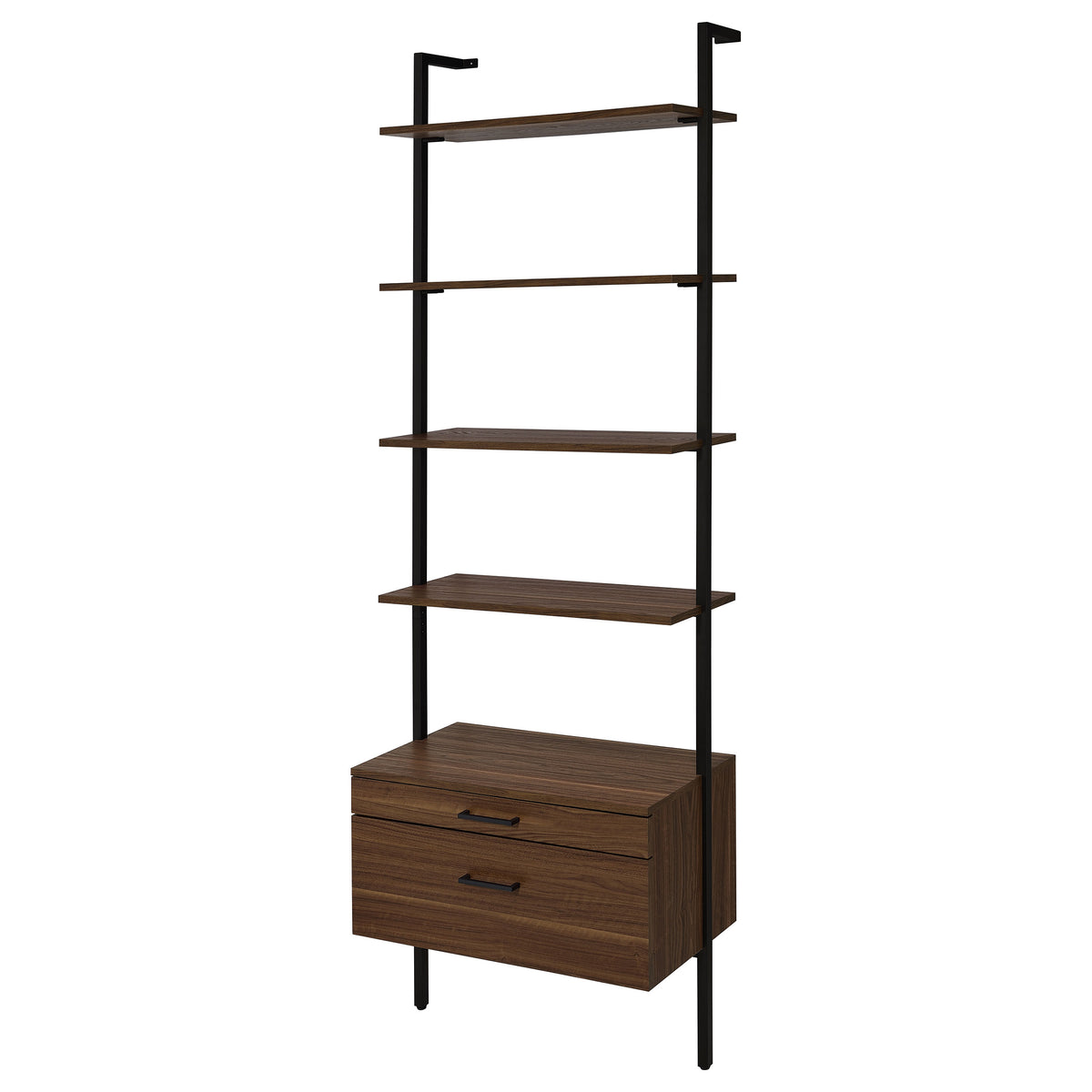 Owens 96" Tall Wall Shelf with Drawers & 3-Piece Bookshelf Wall - Walnut & Sandy Black Metal – view 20