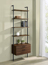 Owens 96" Tall Wall Shelf with Drawers & 3-Piece Bookshelf Wall - Walnut & Sandy Black Metal – view 1
