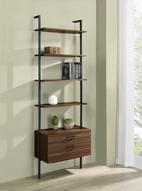 Owens 96" Tall Wall Shelf with Drawers & 3-Piece Bookshelf Wall - Walnut & Sandy Black Metal – view 1