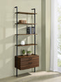 Owens 96" Tall Wall Shelf with Drawers & 3-Piece Bookshelf Wall - Walnut & Sandy Black Metal – view 1