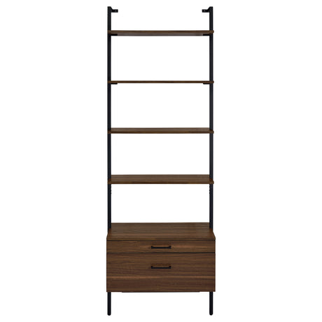 Owens 96" Tall Wall Shelf with Drawers & 3-Piece Bookshelf Wall - Walnut & Sandy Black Metal – view 5