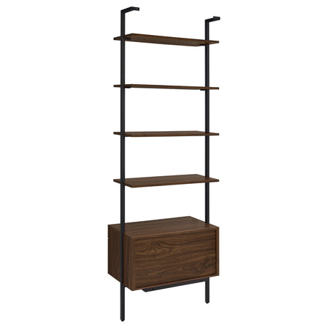 Owens 96" Tall Wall Shelf with Drawers & 3-Piece Bookshelf Wall - Walnut & Sandy Black Metal – view 8