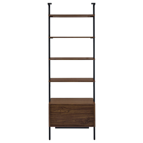 Owens 96" Tall Wall Shelf with Drawers & 3-Piece Bookshelf Wall - Walnut & Sandy Black Metal – view 9
