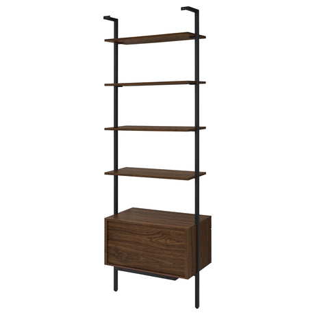 Owens 96" Tall Wall Shelf with Drawers & 3-Piece Bookshelf Wall - Walnut & Sandy Black Metal – view 10