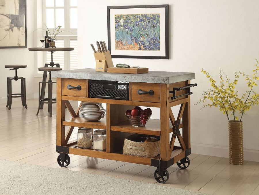 Kailey Kitchen Cart - Drawers, Basket, Shelves & Towel Rack on Casters in Antique Oak