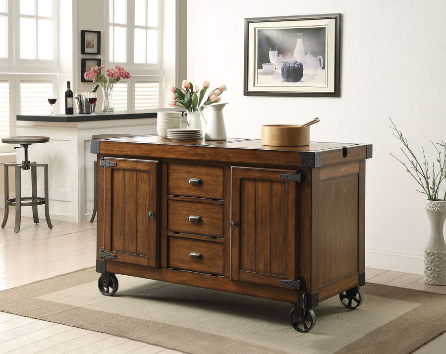 Kabili Kitchen Cart - 3 Drawers, 4 Doors & Locking Casters in Antique Tobacco
