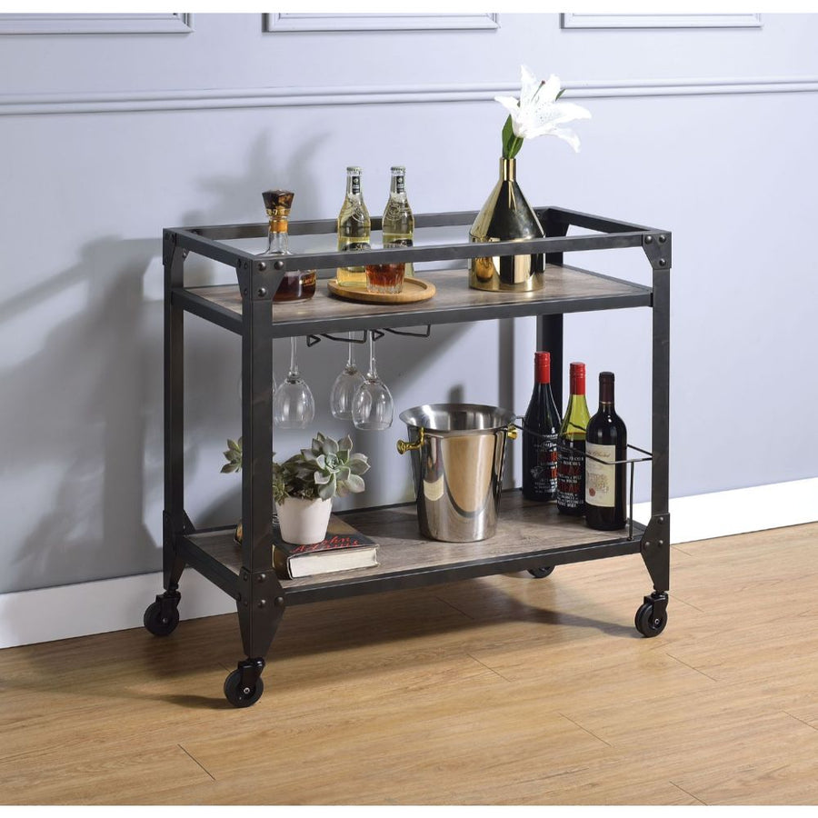 Jorgensen Industrial Serving Cart - Wine & Stemware Rack on Casters in Rustic Oak & Charcoal