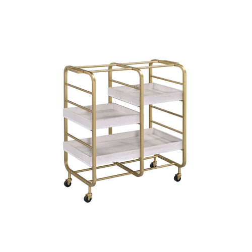 Vorrik Serving Cart - 3 Removable Trays on Gold Metal Frame in Whitewashed