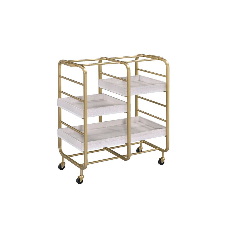 Vorrik Serving Cart - 3 Removable Trays on Gold Metal Frame in Whitewashed