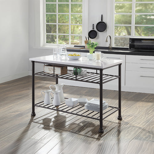 Freyja Kitchen Island - White Faux Marble Top & 2 Slatted Metal Shelves in Gray