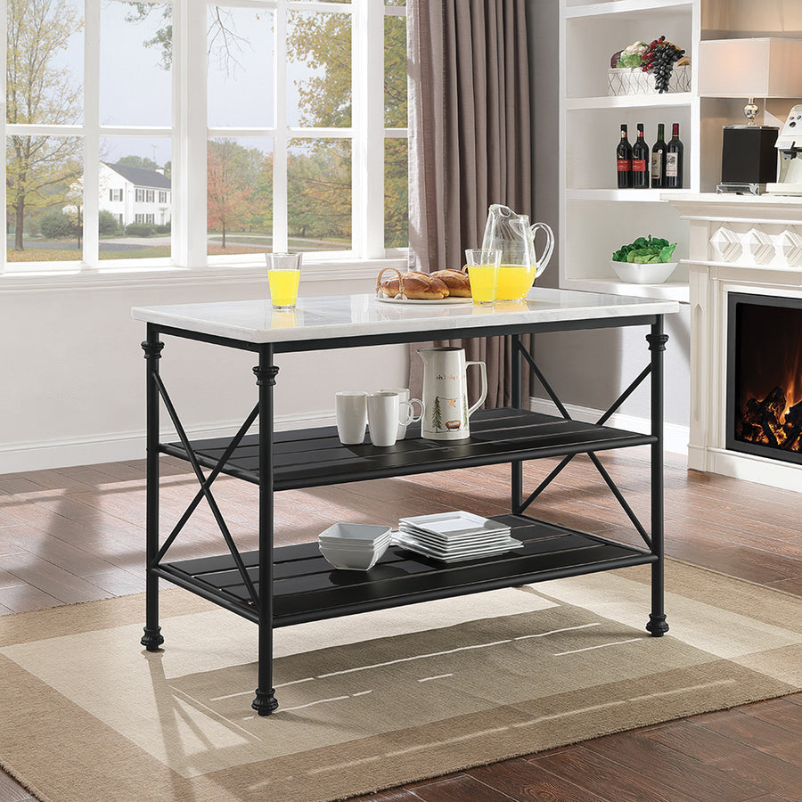 Brahm Kitchen Island - Bianco Crown Marble Top & 2-Tier Metal Shelf in Gray