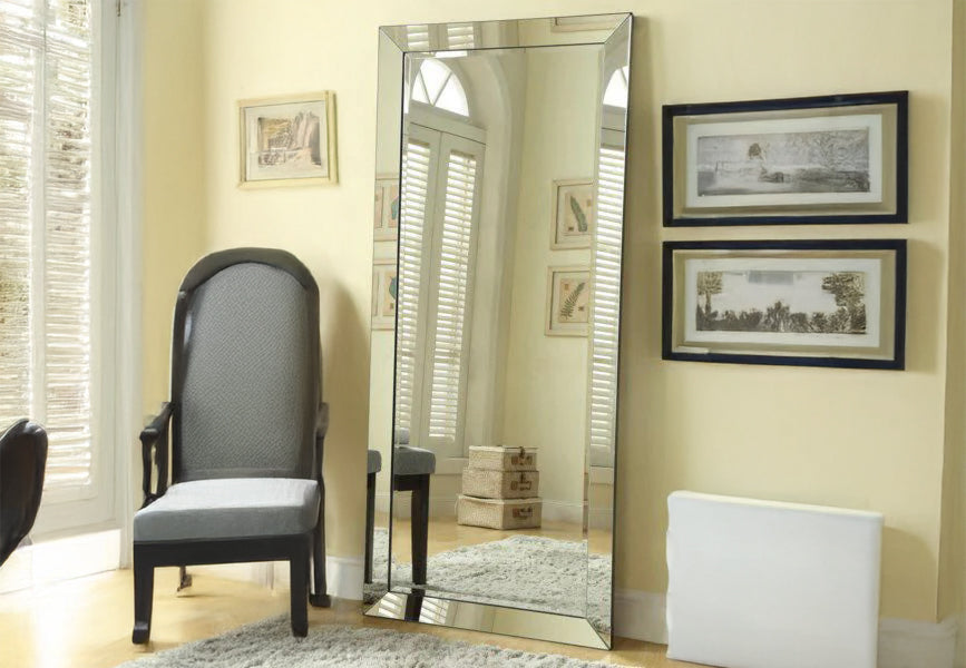 Jade full-length wall mirrors set featuring beveled glass edges and a sleek reflective frame.