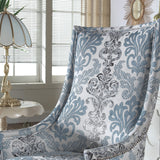 Audrey Damask Fabric Accent Chair in Blue, Grey, White - angle view