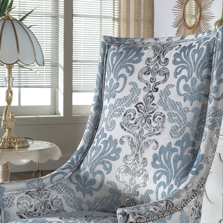 Audrey Damask Fabric Accent Chair in Blue, Grey, White - angle view