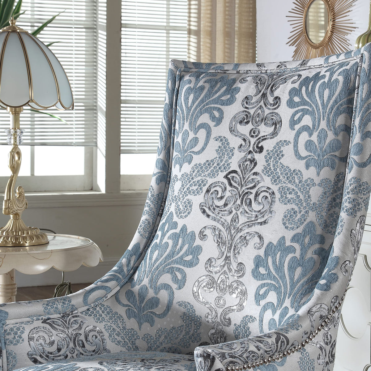 Audrey Damask Fabric Accent Chair in Blue, Grey, White - angle view - Blue/Grey/White