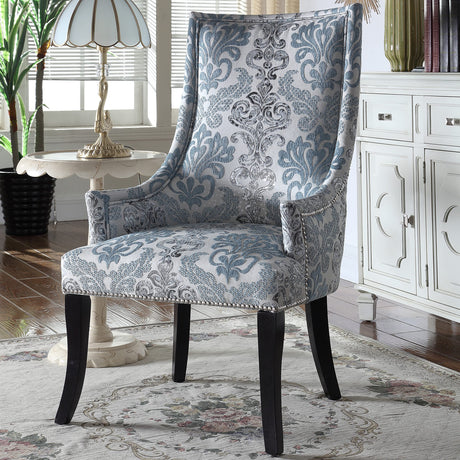 Audrey Damask Fabric Accent Chair in Blue, Grey, White - front view